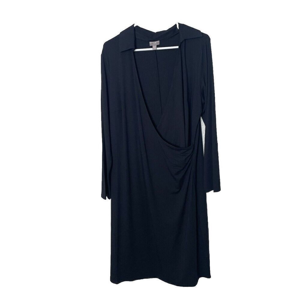 J Jill Wearever Dress Women’s 1X Solid Black Faux Wrap Draped Stretchy Collared